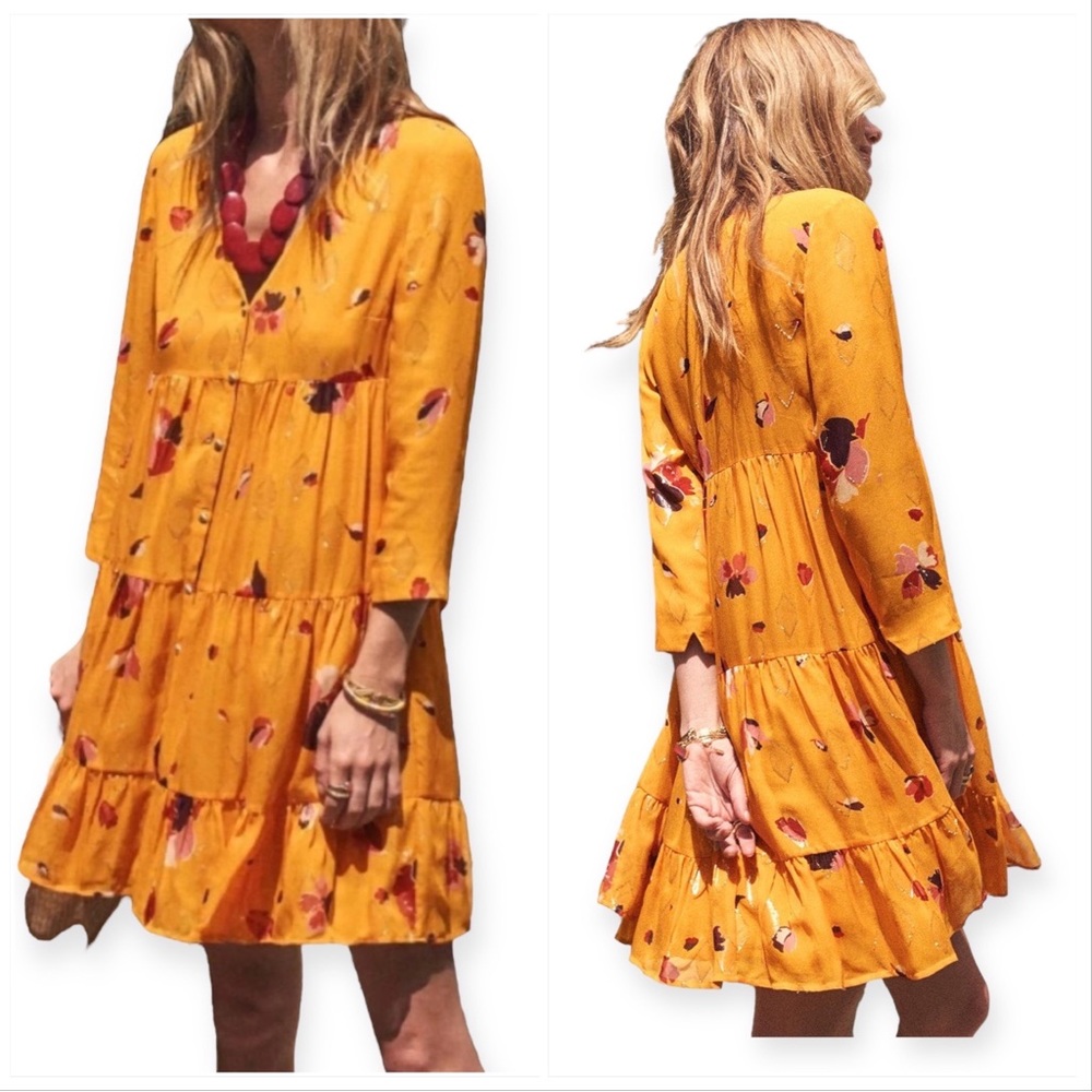 Sezane Aure Silk A-Line Dress, Size 42 EU, Saffron/metallic
